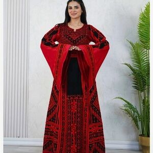 Embroidered Long Sleeve Red Maxi Dress
